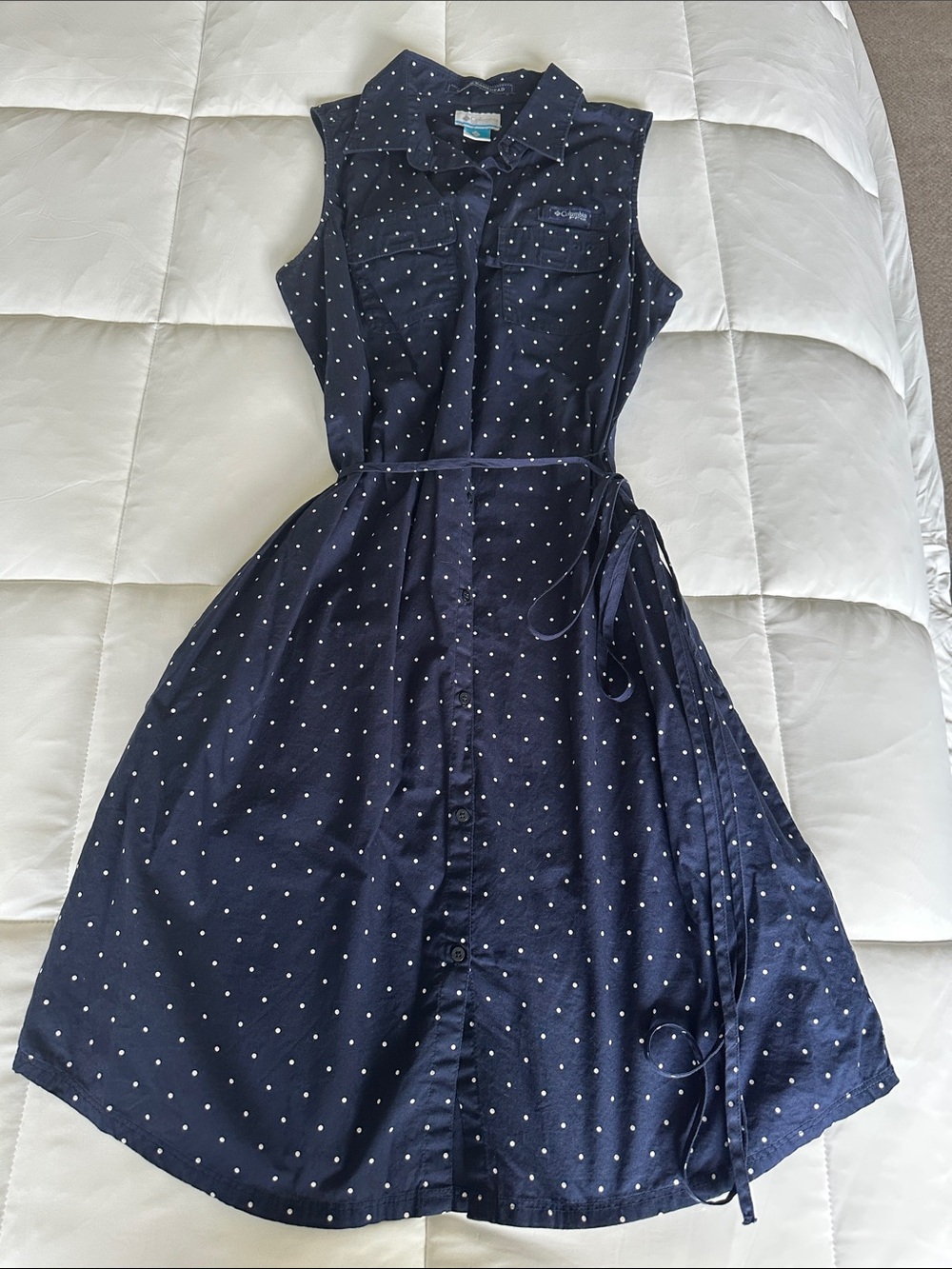 Columbia 100% Cotton Navy with White Dot Sleeveless Shirt Dress